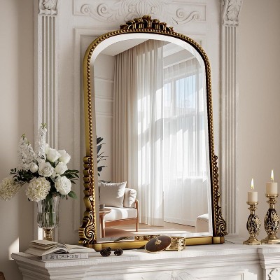 32"x24" Arched Mantle Mirror, Arched Beaded Mirror with Metal Frame, Decorative Bathroom Vanity Mirror for Entryway, Bedroom, or Living Room