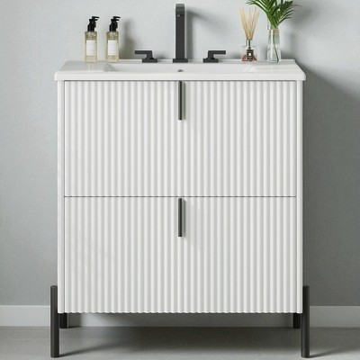 30" Bathroom Vanity with Ceramic Sink,Soft-Close Drawers, Fluted Design & Hidden Partition Storage – Freestanding Modern Cabinet