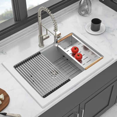 Gulches 30"x22" White Granite Composite Workstation Drop-in Kitchen Sink with Accessories