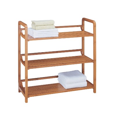 Three Tier Double Wide Bamboo Shelf Brown - Organize It All: Wood Composite Corner Cabinet, Universal Storage
