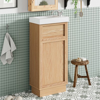 KTMBDW 15.75" Modern Bathroom Vanity, Undermount Vanity Sink Cabinet with Push-to-Open Door, Free Standing Bathroom Storage Cabinet, Natural