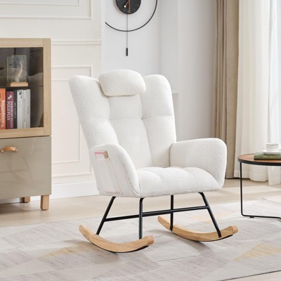 Rocking Chair Upholstered Padded Seat,Reading Chair with High Backrest,Tufted-Button Wingback Armchair for Bedroom, Dressing Room, Home Office