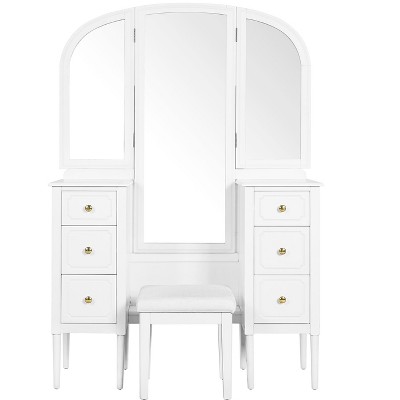 Gulches Antique Makeup Vanity Desk with Triple Mirror, 6-Drawer Dressing Table Set w/ Stool & Full-Length Mirror for Bedroom