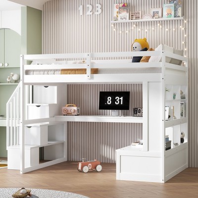 Full Size Loft Bed with Two Built-in Drawers, Desk and Shelves