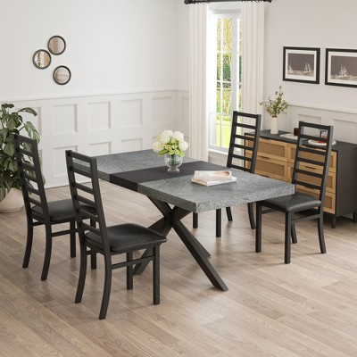 5-Piece Dining Table Set with Stretch Table and 4 Metal Dining Chairs, Black/Gery-ModernLuxe