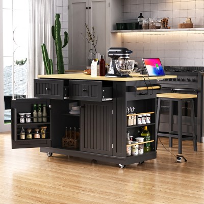 LOVSON 48-inch multi-purpose kitchen island with folding blade, rolling storage cart with electrical outlet,Black (stool not included)