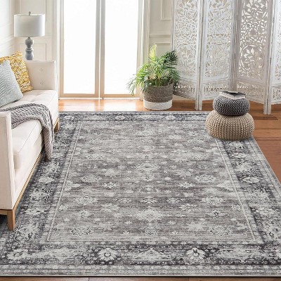 Indoor Washable Area Rug, Vintage Living Room Carpet, Floral Bedroom Retro Accent Throw Rug Office Dining Room Nursery, Brown/Black/Gray/Green