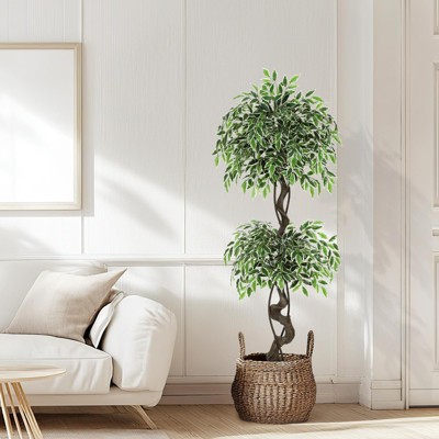 Artificial Ficus Tree for Home Decor Indoor,Faux Floor Tree White Imitation Ceramic Planter, Indoor Outdoor Lifelike Fake Ficus Tree with Pebbles