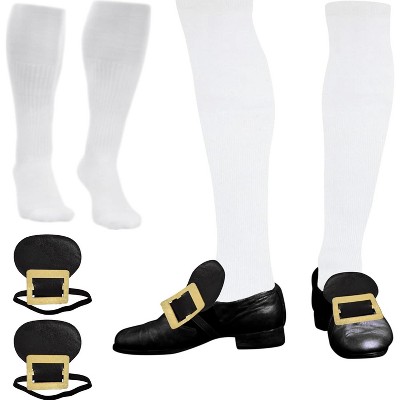 4E's Novelty Colonial Gold Shoe Buckles with White Socks – Knee High Knit Colonial Costume Accessories for Kids & Adults, Revolutionary War Dress Up