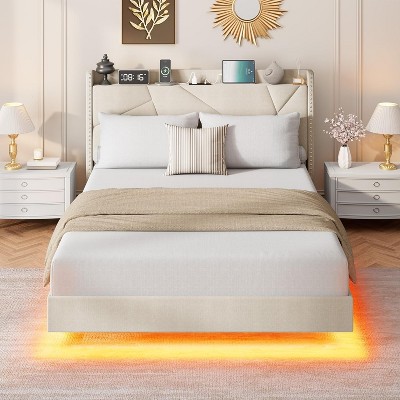 Full/Queen Floating Bed Frame with LED Lights & Charging Station, Upholstered Platform Beds with Storage Headboard