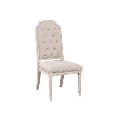 Fabric Armless Side Chair with Wooden Reeded-Tapered Legs and Antique Champagne Finish (Set of 2)