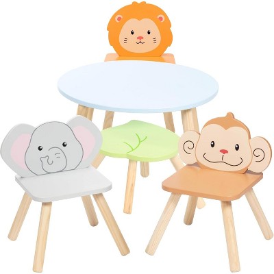Kids Wooden Animal Table & Chair Set w 4 Seats - Monkey Lion & Elephant Plus Adult Stool for Arts Crafts, Dining, Pretend Play- Durable Playroom