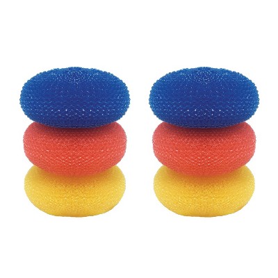 LOLA Jumbo 4" Plastic Mesh Scouring Pads, Non-Scratch, Great for Pots, Dishwashing, Sinks, Appliances, Assorted Colors, 6 Pack