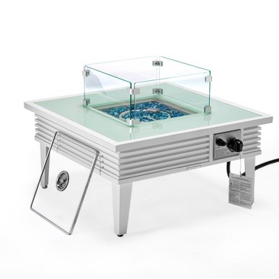 Leisuremod Walbrooke Outdoor Patio Aluminum Square Slats Design Fire Pit Side Table with Lid and Fire Glass