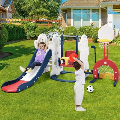 7 in 1 Toddler Slide and Swing Set for Age 1-3, Kids Slide Climber with Adjustable Swing and Basketball Hoop, Soccer Golf and Ring Toss Game
