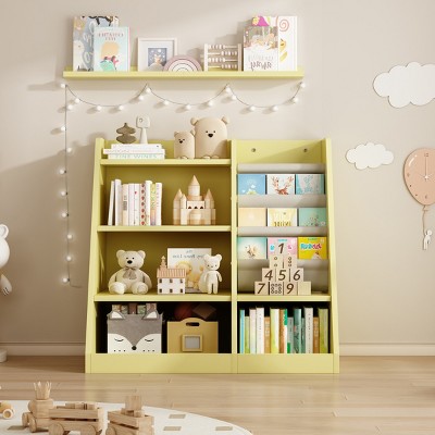 Kids Bookshelf Forward-Facing Display with Deep Sling Pockets MDF Storage Rack 31.5in for Nursery or Playroom-3irtyhousy