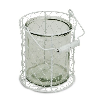 HomeRoots 6" White and Clear Wire Basket and Glass Jar