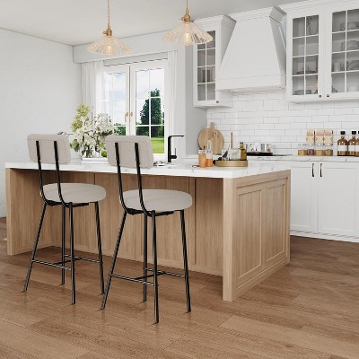 Modern Upholstered Bar Stools Set of 2, Counter Height Bar Chairs with Round Seat, High Back, Comfortable Footrest
