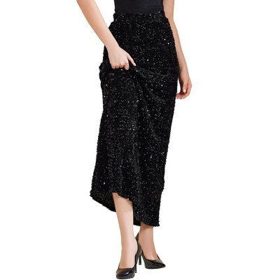 Allegra K Women's Sequin Velvet Elastic Waist Sparkle Party Maxi Skirt
