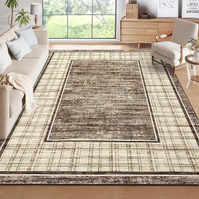 8x10 Brown Checkered Washable Rug – Modern Low Pile, Soft Non-Slip Non-Shedding Indoor Carpet, Stain-Resistant for Bedroom or Living Room.