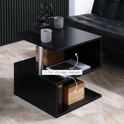 Contemporary End Table, Decorative Side Table, S-Curved Coffee Table with Storage Shelf and Metal Legs, Black