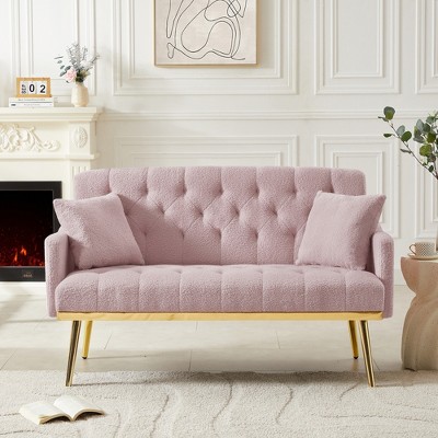 2-Seater Teddy Fabric Sofa with Tufted Back and Seat, 2 Pillows and Gold Metal Legs for Living Room