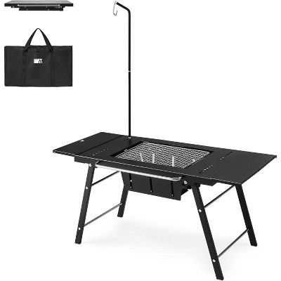 Naturehike Portable IGT Table with Charcoal Grill, Folding Camping Table and BBQ Grill with Desk Extension & Lantern Stand