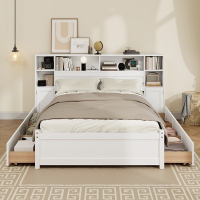 Twin/Full Size Platform Bed Frame Storage Bed with Tall Extended Bookcase Headboard, 6 Drawers and Charging Station, White-ModernLuxe