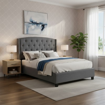 Accent Bed Frame Modern Nailhead Trim Wingback Headboard for Bedroom Queen - 3irtyhousy