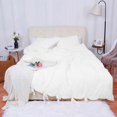 PiccoCasa Washed Cotton Solid with Bowknot Closure Design Duvet Cover Sets 3 Pcs with 2 Pillowcases Queen White