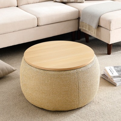 Ridstar 2-in-1 Round Storage Ottoman with Small Seat Top-Natural