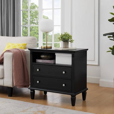 DOMETOUR Dresser Nightstand with Charging Station, USB Ports, Outlets, 2 Drawers, Fluted Pilasters, Solid Wood Legs, Farmhouse End Table for Bedroom