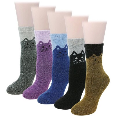 Wrapables Women's Thick Winter Warm Cat Print Wool Socks (Set of 5)