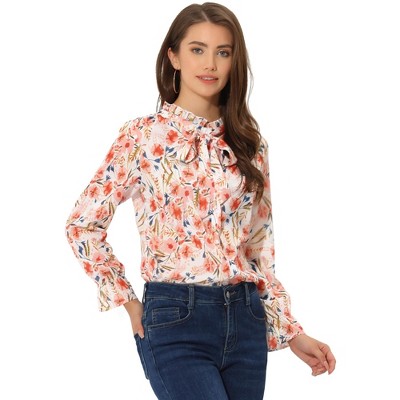 Allegra K Women's Vintage Floral Tie Neck Long Sleeve Ruffled Collar Peasant Blouse