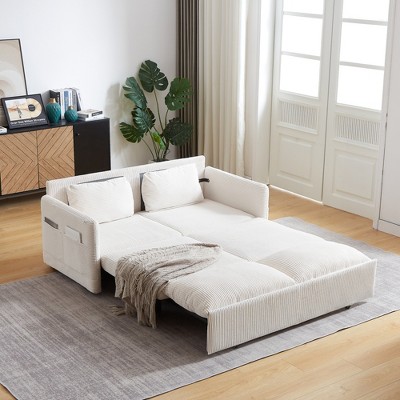 64.5" Corduroy 3-in-1 Adjustable Sleeper Sofa Bed with Pullout Bed, 2 Pillows, and Side Storage Pockets