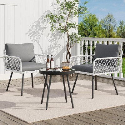 Grey 3 Piece PE Rattan Patio Furniture Set All Weather Outdoor Conversation Group Glass Table Cushions Included Deck Backyard Garden Seating