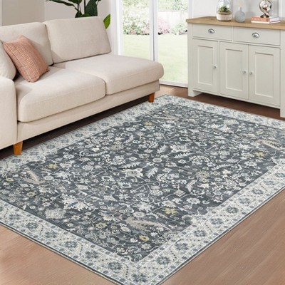 Coolmee Area Rugs Machine Washable Carpet Vintage Floral Low Pile Non Shedding Soft Area Rugs for Living Room Bedroom