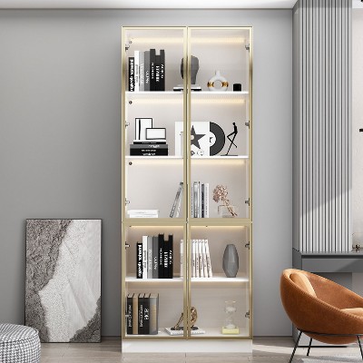 Famapy 31.5"W Tall Storage Pantry Glass - Door Display Cabinet Bookcase with LED Lighting Storage Cabinet