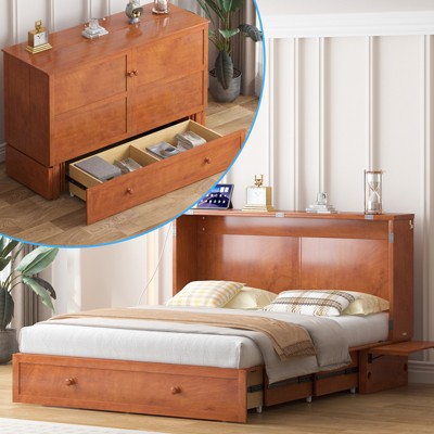 Mjkone Queen Murphy Bed Cabinet with Built-in Charging Station and Drawer,Trifold Mattress, Modern Murphy Cube Chest Bed