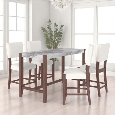 5-Piece Counter Height Dining Table Set with Faux Marble Top, Bar Table and 4 Upholstered Chairs, Modern Pub Table Set for Kitchen or Dining Room