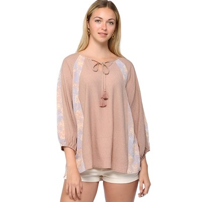 Slickblue Women's Crinkle Woven Top, Print Mix Raglan Sleeve with Tassel Tie, Casual Style Blouse, Light Mauve, S-L
