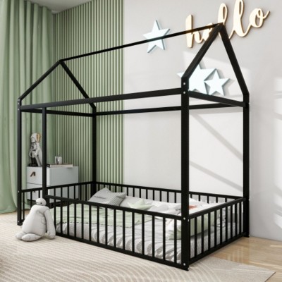 Metal Twin House-Shaped Bed Frame with Enclosing Fence