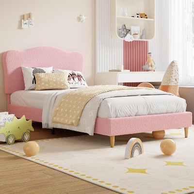 Twin XL/Full Bed Frame for Kids, Upholstered Platform Bed with Boucle Headboard for Girls, Cute Velvet Twin Bed, No Box Spring Needed
