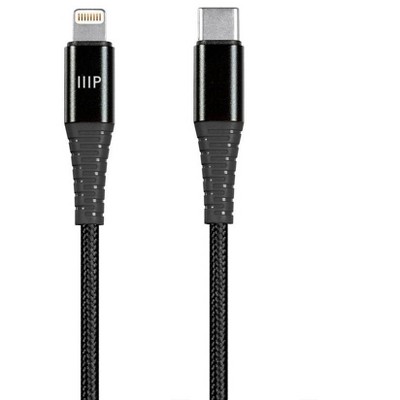 Monoprice Apple MFi Certified Reinforced Lightning to USB-C Charging Cable - Premium Ultra Durable Nylon Braided, 6ft, Black