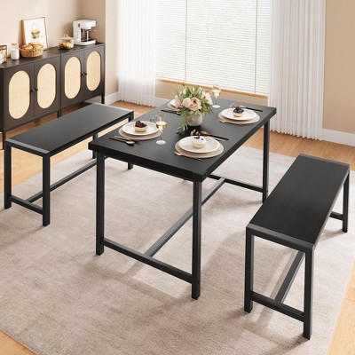 Dining Table Set for 4, Kitchen Table with 2 Metal Wood Benches,Rectangular Room Dining Table Set, 3 Piece Farmhouse Kitchen Table Set for Small Space