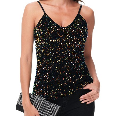 Anna-Kaci Women's Sequined Spaghetti Strap V-Neck Camisole Top for Party and Night Out
