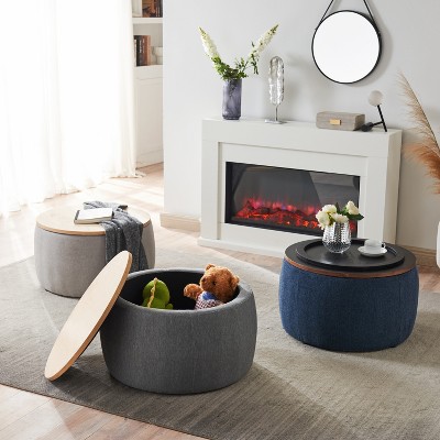 CAVINAS Modern Round Ottoman Bench with Storage,Large Wooden Storage Ottoman for Living Room,Bedroom