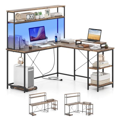 Costway L-Shaped Gaming Desk with LED Strip & Power Outlets Hutch Monitor Stand CPU Stand Brown/Black/Gray