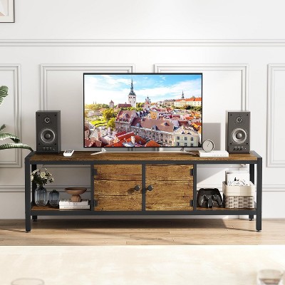 Rustic Brown TV Stand for TVs Up to 75", Farmhouse Mid-Century Style Media Console with Cabinets & Shelves