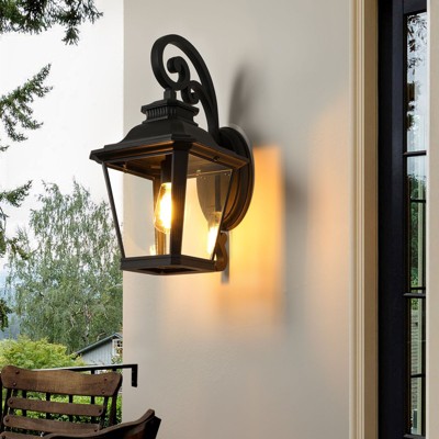 21" H 1-Pack Outdoor Wall Lantern Light Vintage Black Metal and Clear Glass Sconce with Decorative Scroll Design (Bulb Not Included)